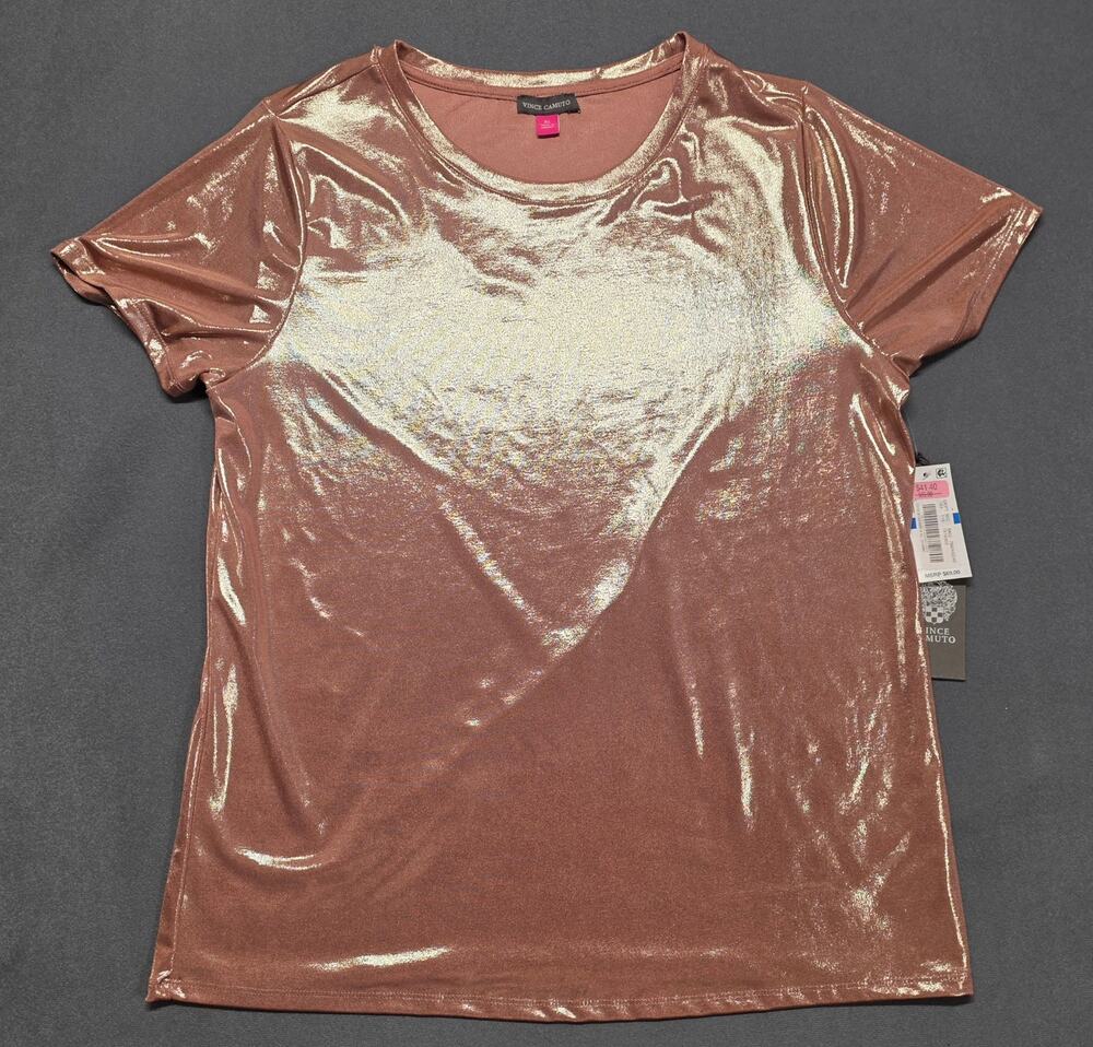 Womens XL Rose Gold Metallic Shimmery Shirt Top Short Sleeve Stretchy Holidays